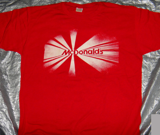 激レアUSA製マクドナルドTシャツ非売品70-80年代ビンテージ赤McDonald's限定 企業プリントLA当時物T-Shirtsファストフード店ノベルティー
