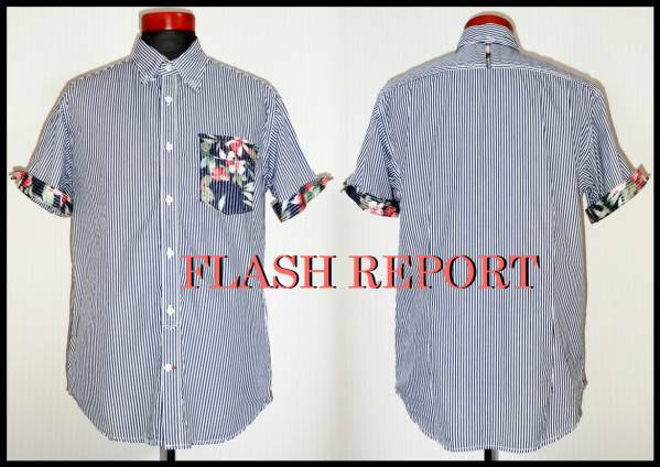 FLASH REPORT フラワー ストライプ シャツ ボタニカル ハワイアン アロハシャツ M メンズ L 美品 紺色 白 フラッシュレポート