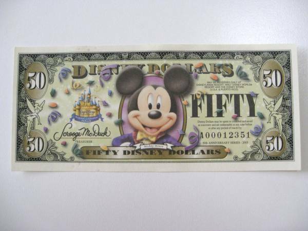 ディズニーダラー　50ドル札　（2005年版） $50 紙幣 50周年限定品　ミッキーマウス Disney Dollars