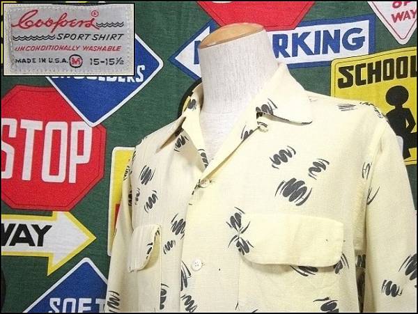 ☆アトミック柄☆Made in USA製アメリカ製ビンテージレーヨンギャバシャツオープンカラー40s50s40年代50年代幾何学柄総柄プリントAtmic柄M