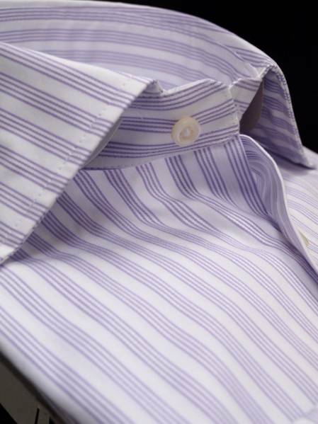 ◇処分M/38-82白*紫ストライプ/ワイドカラー/上質コットン100%長袖ビジネスワイシャツ新品即決