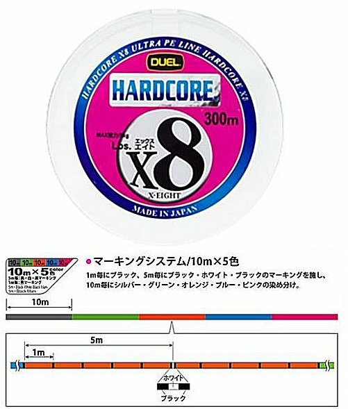 DUEL　ＰＥライン　ハードコアX8　300m0.8号16LB　5色分 日本製　5color 8braid PE line Made in japan