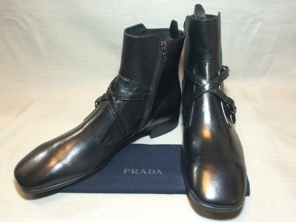 新品 プラダ コレクション ベルト レザー ブーツ 10 黒 革靴 シューズ PRADA ブラック