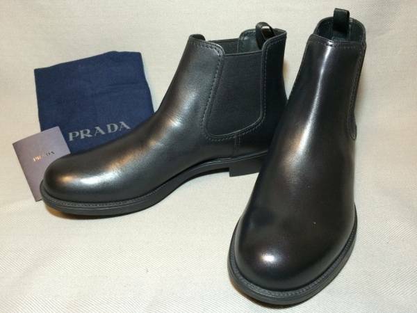 新品 プラダ サイドゴア レザー ブーツ 8 黒 PRADA 本革 靴 ブラック