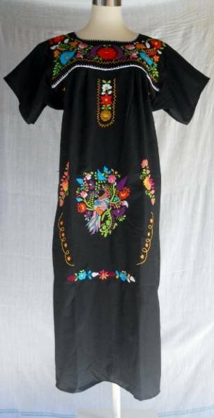 メキシコ 手刺繍 ワンピース 黒 花 鳥