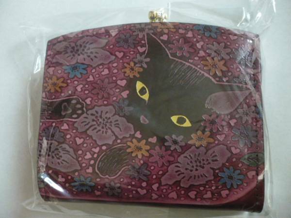 ◆レザー革二つ折りがま口財布★キャットウォーク　ワイン色花畑猫