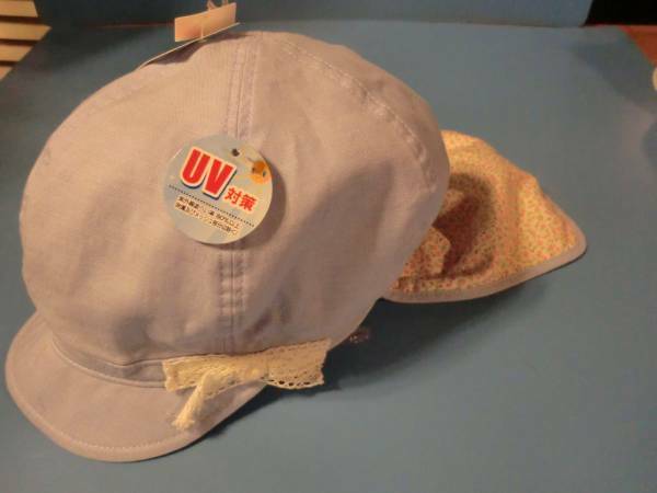 キッズUVケア帽子　タレ付き　リボン　水色54cm
