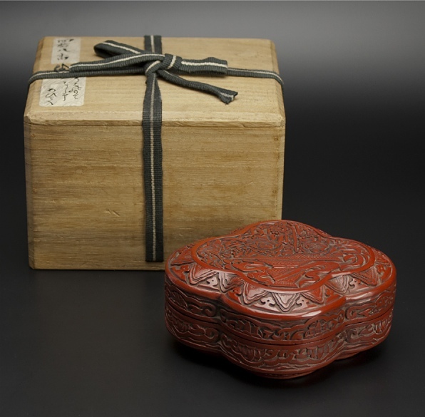 清 剔紅花篭紋盖盒 共箱 中国 古美術