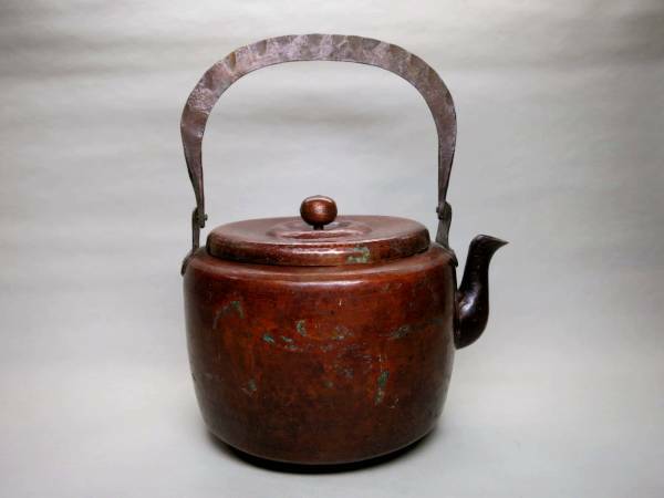 [大幸]　古銅手打扁平柄筒式湯沸　良品　古い　古民具　明治　古玩　銅製　時代道具　煎茶道具
