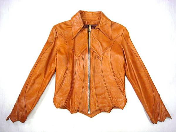 ビンテージ EAST WEST イーストウエスト レザー 70S ディアスキン レザー ジグザグ デザイン ショート ジャケット XS ヒッピー キャメル 革