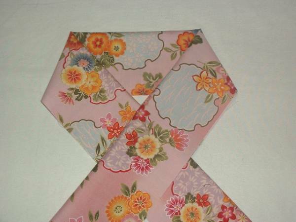 木綿の半衿、雪輪と花、ピンク