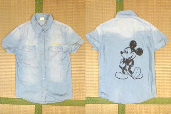 Disney　ミッキーマウス　バックプリント　 半袖　　デニムシャツ　Mサイズ