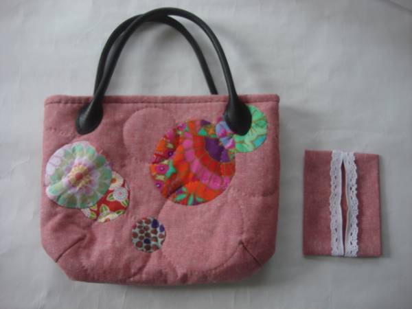 ハンドメイド　先染め布バッグ　ティッシュケースセット