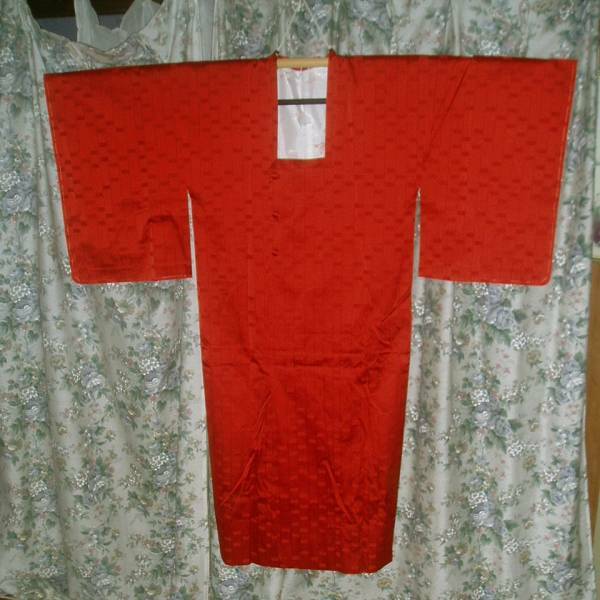 化繊 和服用 雨コート 赤 縦縞と長方形