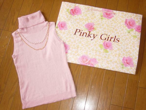 新品Pinky Girlsピンキーガールズ★ラメ ノースリーブ タートル ニット パールネックレス付★ベビー ピンク