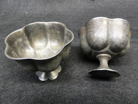 古代銀器　六弁銀盃　中国唐時代　一対　貴族趣味